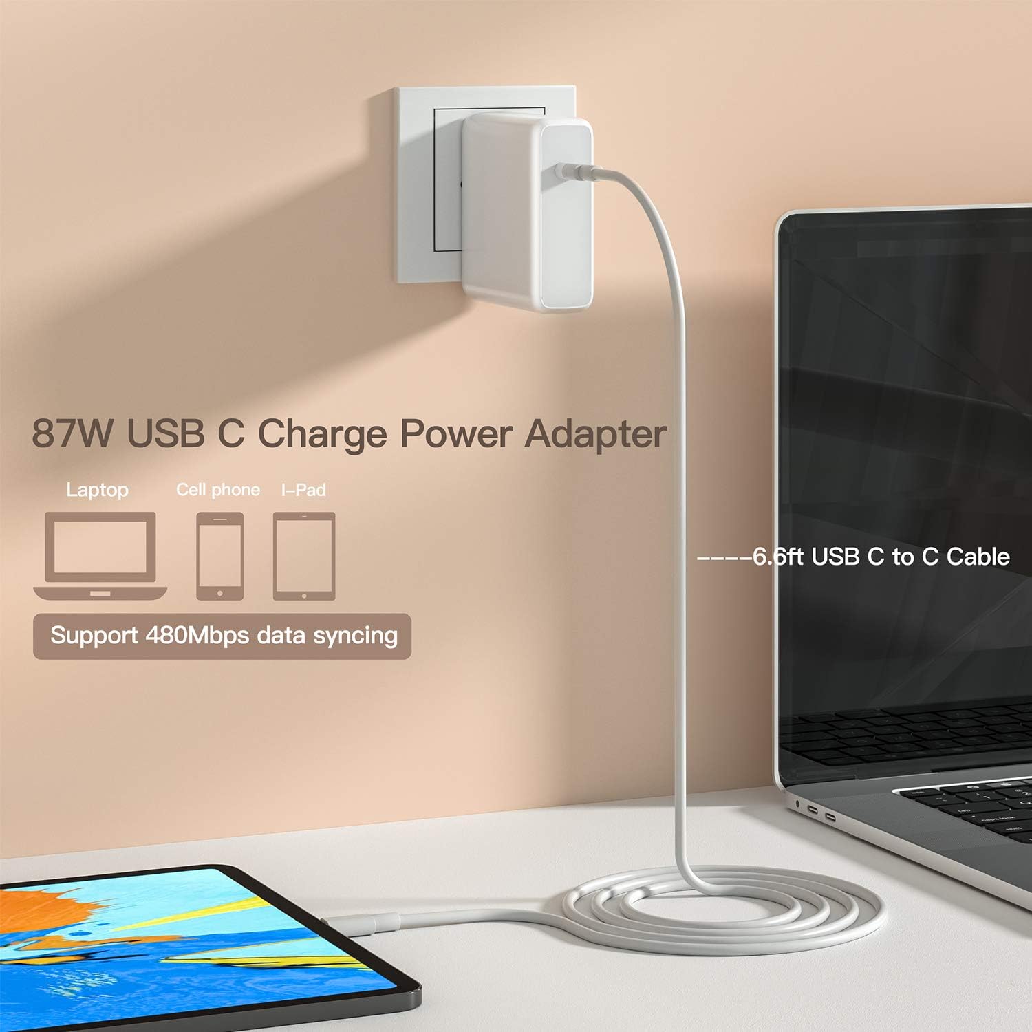 APPLE - 87W Chargeur adaptateur secteur USB-C, avec câble de Charge USB-C vers USB-C, câble de Charge USB C