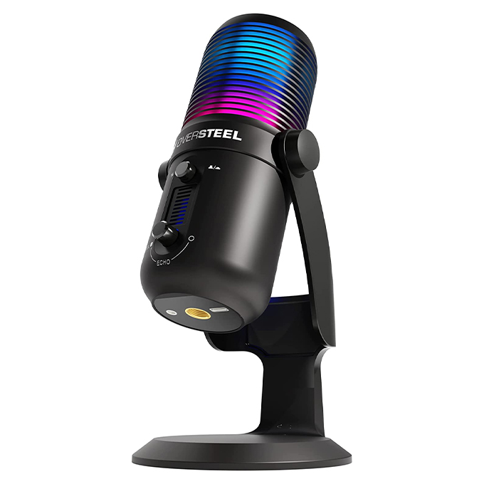 Oversteel Elinvar - Microphone de jeu à condensateur USB, cardioïde et omnidirectionnel avec bras et pied, éclairage RVB, USB, Plug & Play, compatible PC, PS4 et Mac, couleur noire