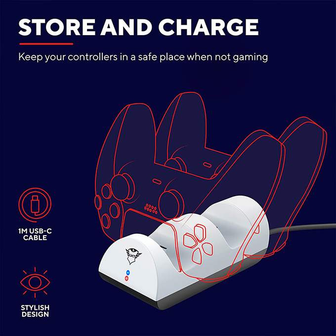 Trust Gaming GXT 254 Chargeur Manette PS5, Station de Charge Duo pour Playstation 5 DualSense, Alimentation USB, Duocharger avec Indicateur LED - Blanc