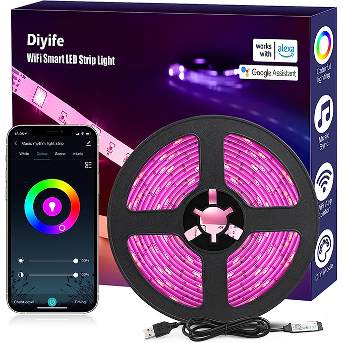 Diyife Bande LED Intelligente WiFi 16.4ft/5m, Bande Lumineuse LED Intelligente Compatible avec Alexa et Google Home, Application/Contrôle Vocal, 150 LED, Musique et Synchronisation Vocale pour Fête, Cuisine, Plafond, Salle de Jeux